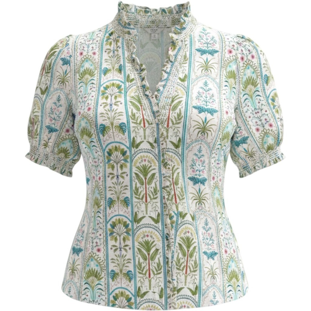 Crown & Ivy Palm Stripe Ruffle V-Neck Cotton Blouse Green Blue White Medium NWT
